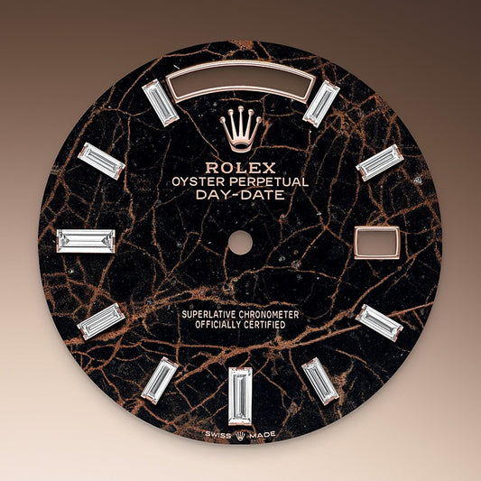 Eisenkiesel dial for the Rolex day date. This is a closeup picture of the dial showing the unique finish of the eisenkiesel stone