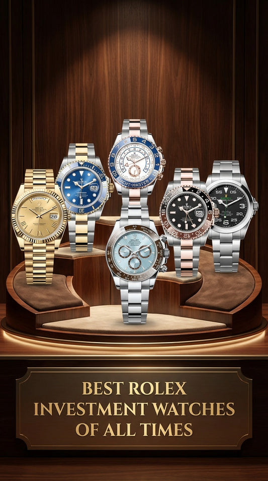 Best Rolex investment watches including Daytona, Submariner, GMT-Master II, and Day-Date models displayed on luxury pedestals