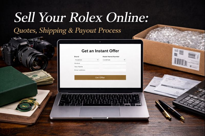 A computer on a wood desk showing a trade in form for a customer to trade in their Rolex watch