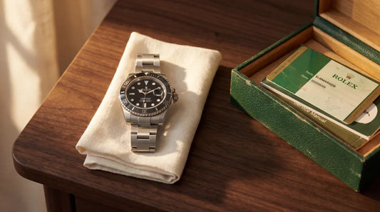Inherited Rolex Submariner resting on a vintage Rolex box and faded warranty papers